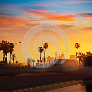 LA Los Angeles sunset skyline with traffic California