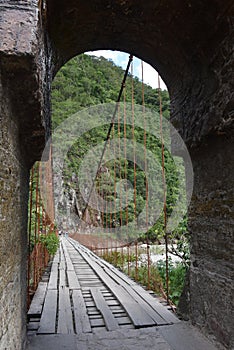 La Merced, Peru - Dec 30, 2018: Puente Colgante Kimiri, a bridge on the Chanchamayo river