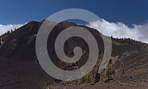 La Palma, long-range popular hiking route Ruta de Los Volcanes, landscapes around  black crater of El Duraznero