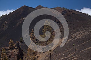 La Palma, long-range popular hiking route Ruta de Los Volcanes, landscapes around  black crater of El Duraznero