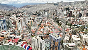 La Paz, Bolivia, aerial view flying over the dense, urban cityscape photo