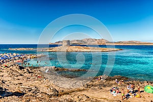 La Pelosa beach in the town of Stintino, Sardinia, Italy