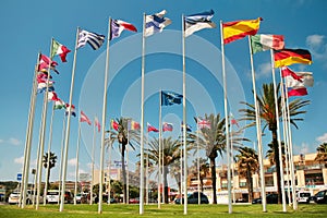 LA PINEDA, SPAIN - August 8th, 2014: Flags of many countries of European Union