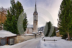 La Punt-Chamues village in Engadine valley Switzerland