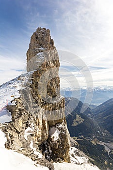 La quille du diable Devil Needle on Swiss alps near the Glacier 3000