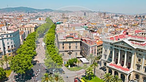 La Rambla Barcelona establishing shot, typical Spanish architecture buildings