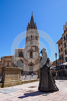 La Regenta statue sculpture in Oviedo, Asturias, Spian. San Salvador cathedral square
