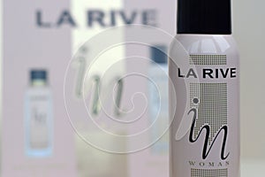 La rive IN woman deodorant and perfume bottles on prefume box background. LA RIVE S.A. is one of the leading producers of perfumes