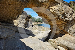 La Roche Percee rock on Lantecost beach, Brittany, France photo