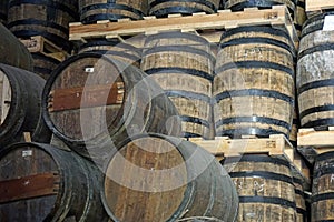 La Romana, Dominican Republic, circa September 2022 - Old oak wook rum barrels in a rum factory