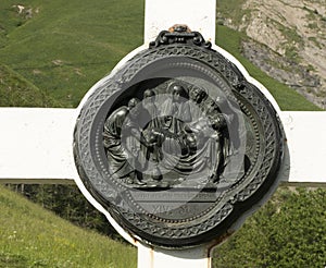 La Salette, France, June 26, 2019: Way of the Cross stations on crosses along the road that Our Lady walked when she appeared to