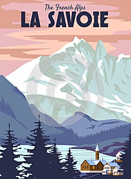 La Savoie Ski resort poster, retro. Winter travel card vintage