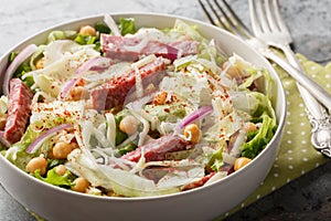 La Scala Chopped Salad with simple ingredients like chopped romaine, salami, and mozzarella close-up in a bowl. Horizontal photo