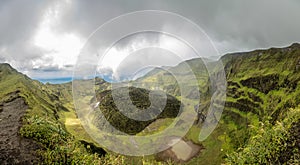 La Soufriere volcano crater panorama with tuff cone hidden in green, Saint Vincent and the Grenadines