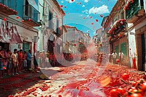 La Tomatina festival in Bunyol, Spain with participants engaging in a vibrant tomato fight