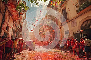 La Tomatina festival in Bunyol, Spain with participants engaging in a vibrant tomato fight
