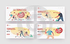 La Tomatina Landing Page Template Set. Tomato Festival Celebration. Happy Characters Throw Vegetable to Eath Other photo