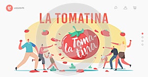 La Tomatina Landing Page Template. Tomato Festival Celebration. Happy Characters Throw Vegetable to Eath Other photo