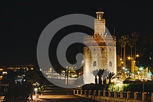 La Torre de Oro in Seville, Spain at night brightly lit by the river