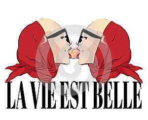 La vie est belle. Vector hand drawn illustration of blondes  in shawl and glasses biting a peach. photo