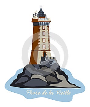 La Vieille Lighthouse. Vector isolated illustration with lettering. Brittany region, France