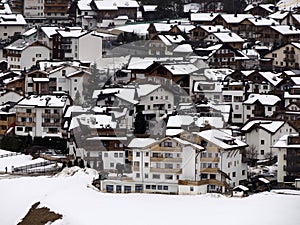 la villa village badia valley view on winter season dolomites Italy on snowy day