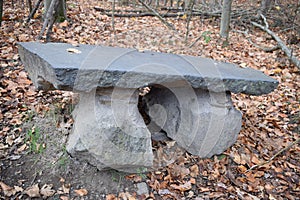 Laacher See (Glees), Germany - 11 30 2020: Stone park bench in autumn forest