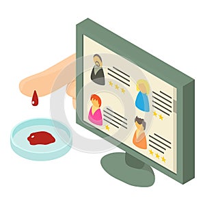 Lab analysis icon isometric vector. Blood drop finger monitor with patient info