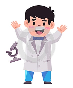 Lab coat costume kids pose standing smile microscope cartoon