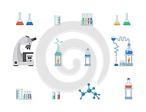 Lab equipment flat vector illustration set. Test tubes, chemistry beakers with liquids, measuring cup isolated on white