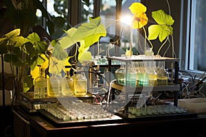 lab equipment with leaf samples, studying artificial photosynthesis