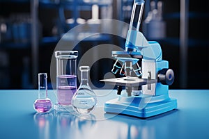 Lab equipment: microscope, beaker, and tube in 3D rendering