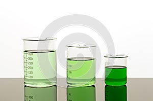 Lab equipment. Three beakers of different size with green liquid