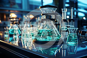 Lab glassware arranged beside a microscope, awaiting scientific exploration