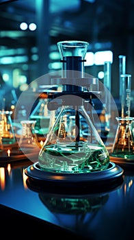 Lab glassware arranged beside a microscope, awaiting scientific exploration