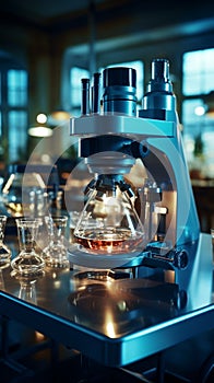 Lab glassware arranged beside a microscope, awaiting scientific exploration