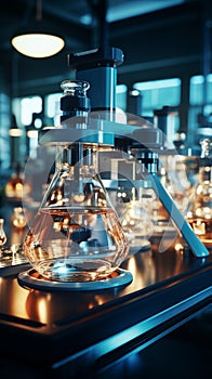 Lab glassware arranged beside a microscope, awaiting scientific exploration