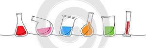 Lab glassware one line colored continuous drawing. Conical flask, beaker, filter funnel, round bottom flask continuous