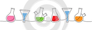 Lab glassware one line colored continuous drawing. Round bottom flask, filter funnel, flask continuous one line