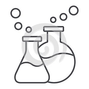 Lab glassware thin line icon, science and laboratory, chemical flasks sign, vector graphics, a linear pattern on a white