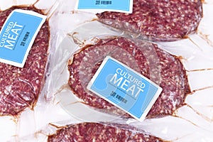Lab grown cultured meat concept for artificial in vitro cell culture meat production with packed raw meat with made up label
