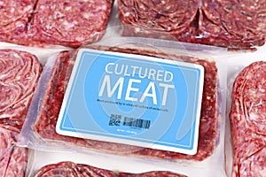 Lab grown cultured meat concept for artificial in vitro cell culture meat production with packed raw meat with made up label