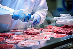 Lab grown meat concept - scientist checks on meat