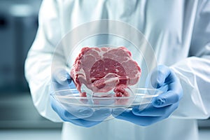 Lab grown meat concept - scientist holds meat in petri dish