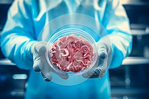 Lab grown meat concept - scientist holds meat in petri dish