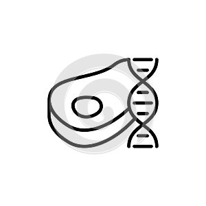 Lab grown meat. DNA strand and beef steak. Line art cultured meat icon. Synthetic future food. Black simple illustration. Contour
