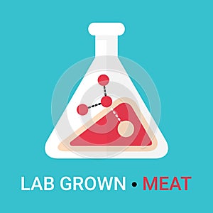 Lab grown meat icon concept. Artificial, synthetic meat is cultured and cultivated in chemistry lab glassware. Modern nourishment