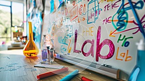 lab is inscribed on a whiteboard in vibrant markers, presenting a laboratory theme banner template for a concept