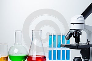 Lab microscope with laboratory glassware on desk against white background