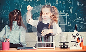 Lab microscope and testing tubes. Chemistry science. Little children. Science. Little kids scientist earning chemistry